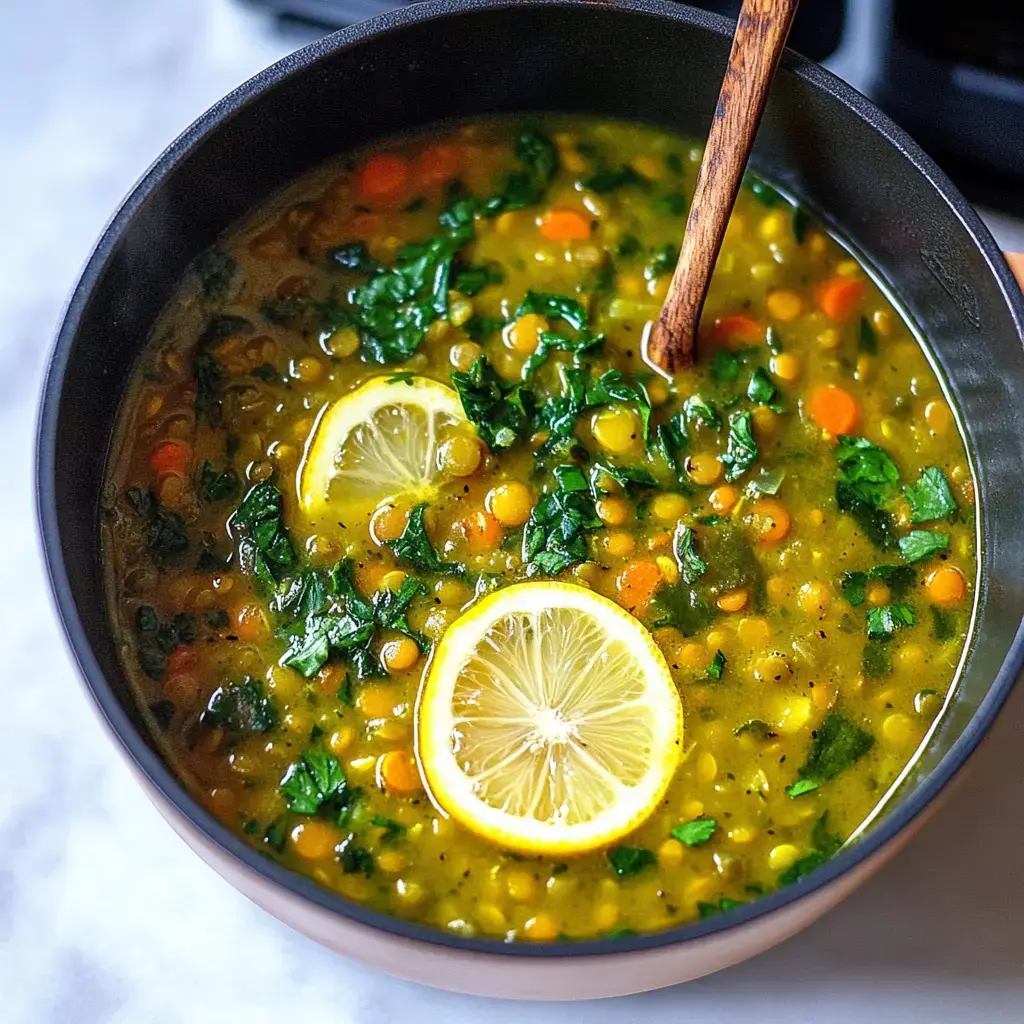 Zoom sur un bol de soupe de lentilles vertes décoré de feuilles d’épinards et de tranches de citron.