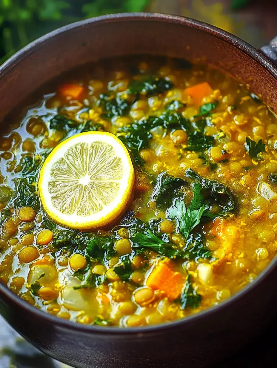 Un bol de soupe de lentilles avec tranche de citron et verdure, ambiance chaleureuse et accueillante.