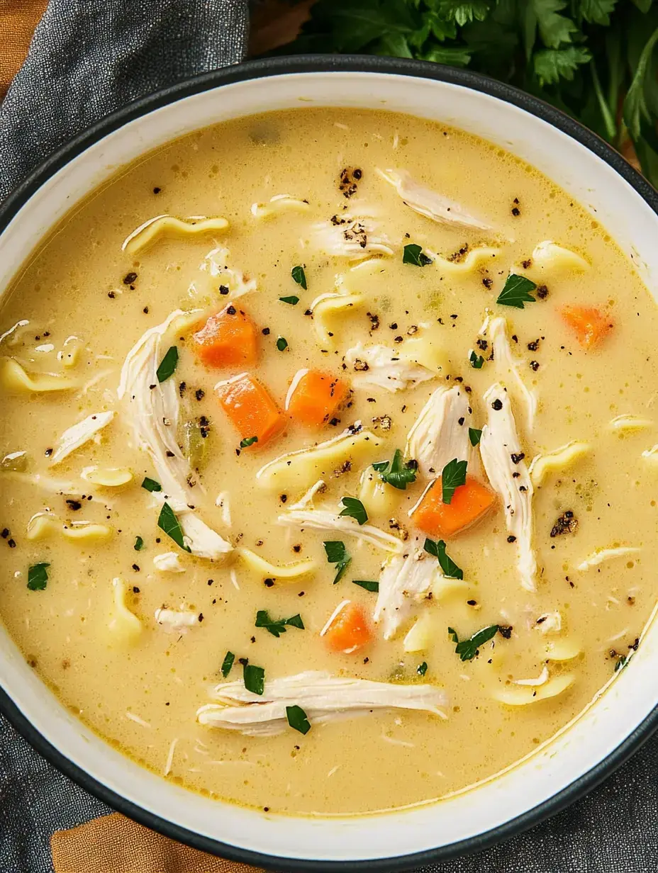 Un bol de soupe crémeuse poulet nouilles, avec des morceaux de poulet effiloché, carottes et un peu de persil.