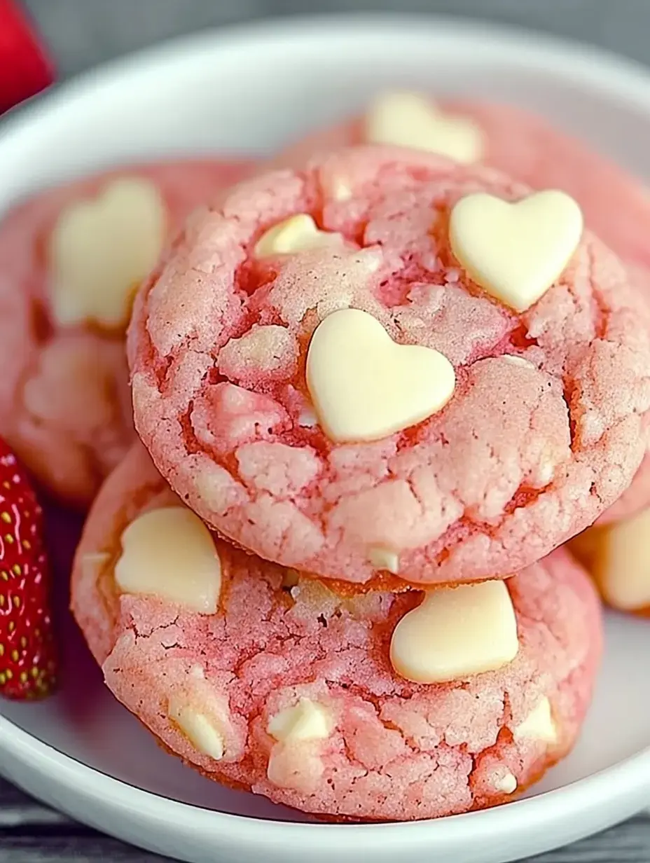 Gros plan sur des biscuits roses ornés de cœurs en chocolat blanc, servis dans un bol blanc, des fraises fraîches à côté.