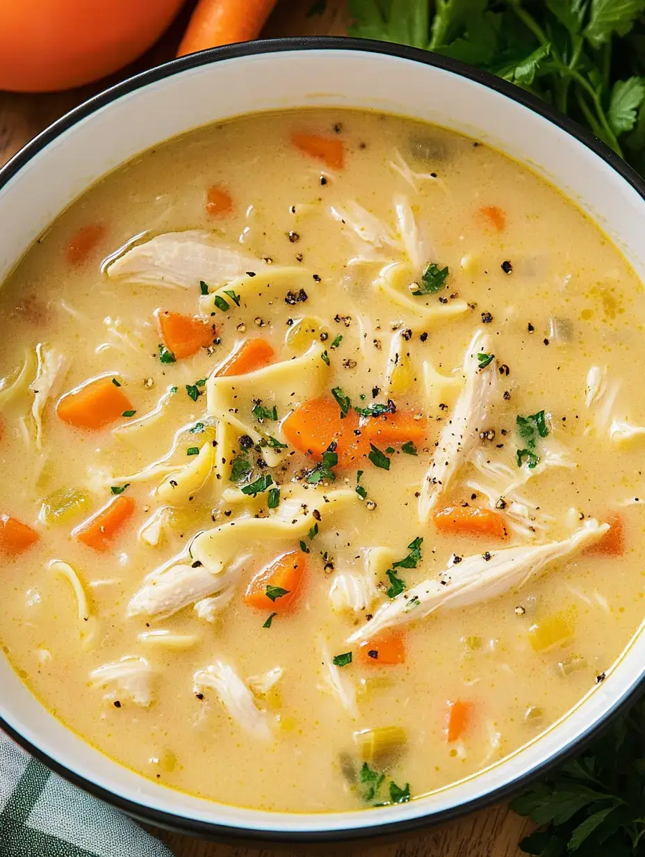 Une soupe crémeuse au poulet et nouilles, avec poulet effiloché, carottes et herbes, en bol.