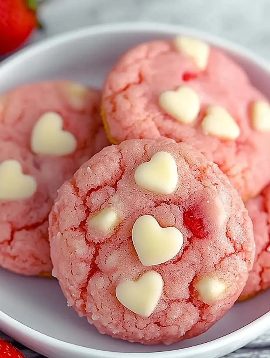Assiette de biscuits roses avec des bonbons blancs en forme de cœur sur le dessus, fraises fraîches tout autour.