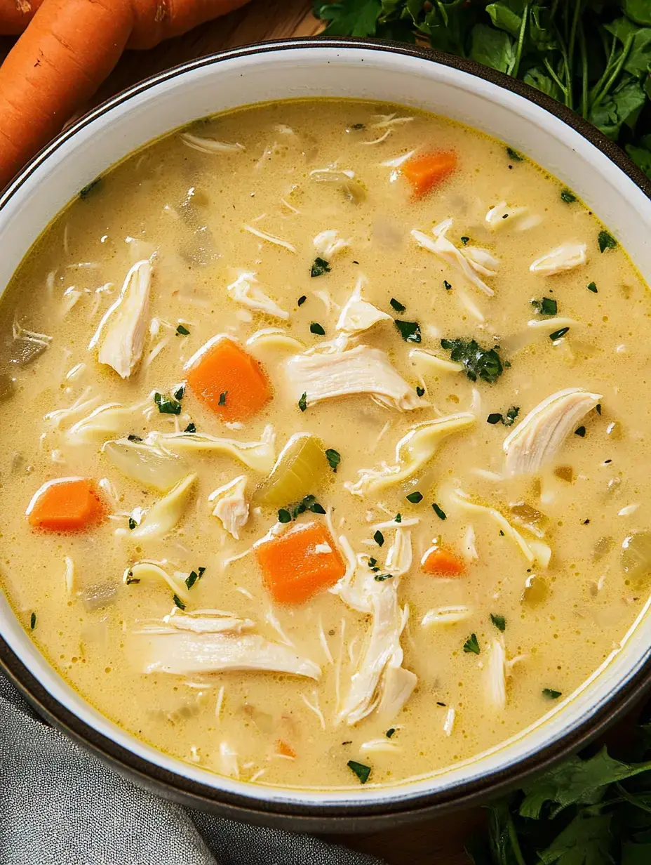 Un bol de soupe crémeuse au poulet, carottes et céleri, saupoudré de persil, posé à côté de carottes fraîches et d’herbes.