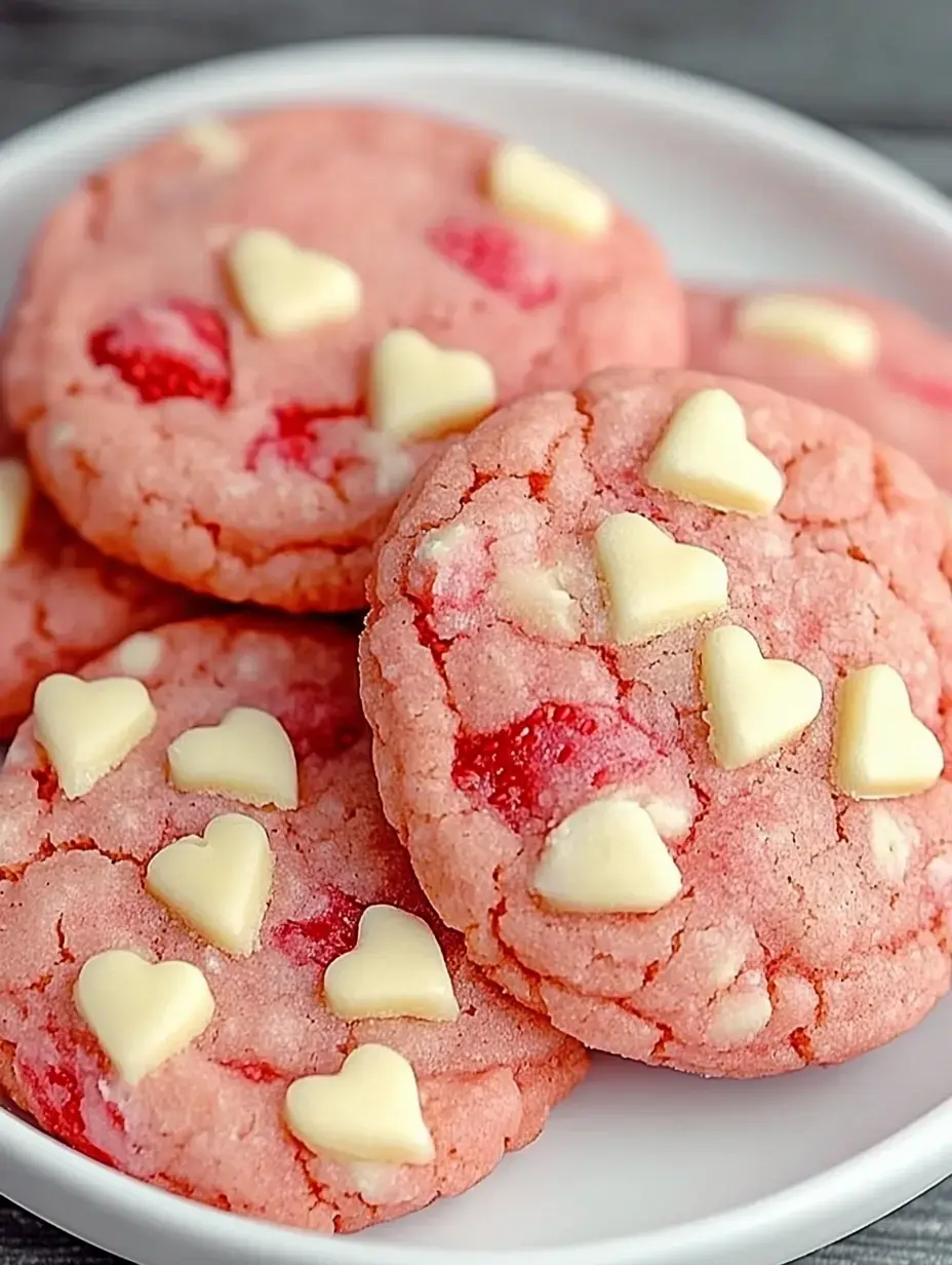 Assiette de biscuits roses parsemés de cœurs en chocolat blanc et de bouts de fraises.