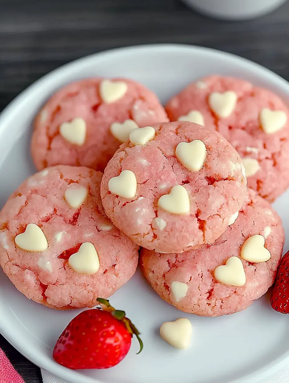 Assiette de biscuits roses décorés de petits cœurs blancs en chocolat, servis avec des fraises fraîches.
