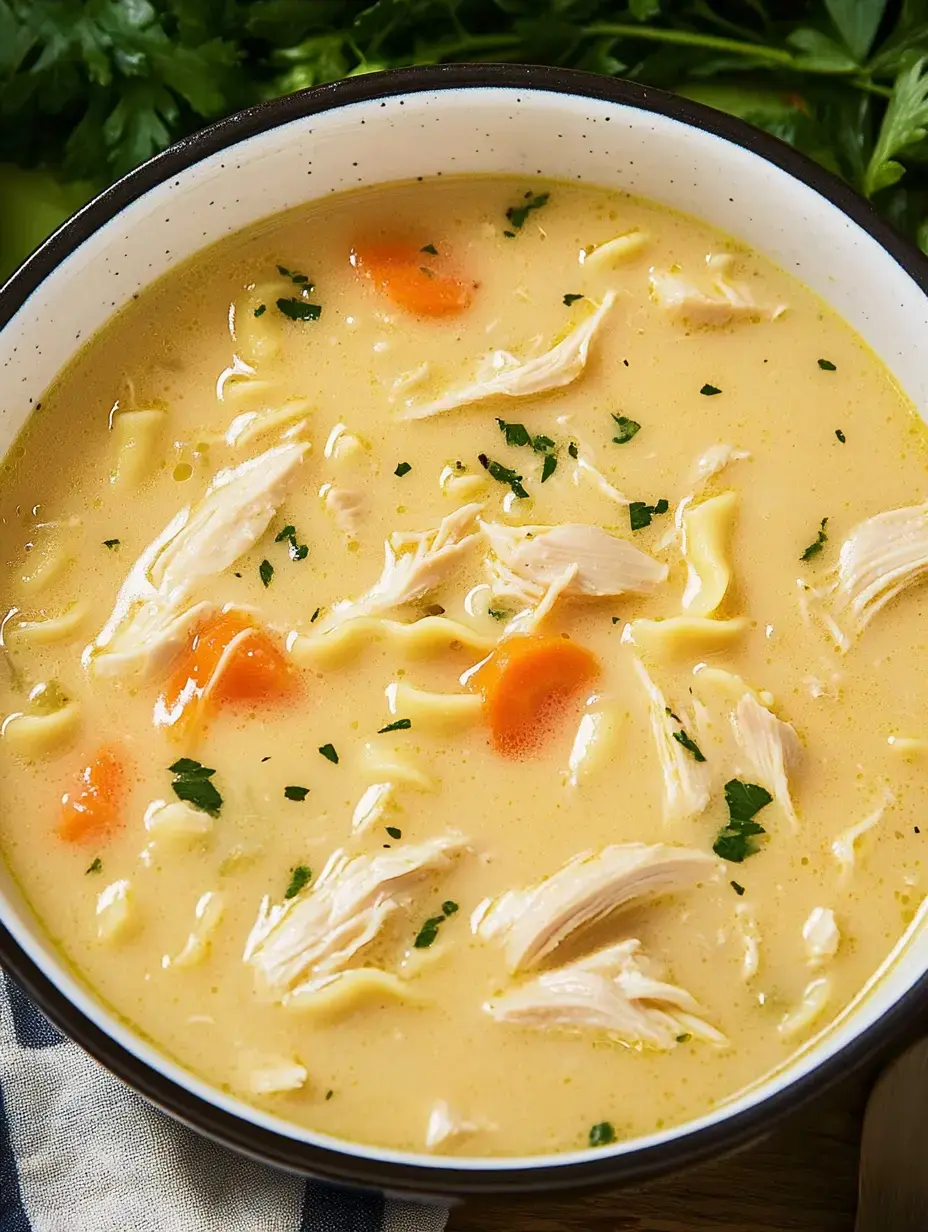 Un bol de soupe poulet nouilles avec poulet effiloché, nouilles, carottes et persil dans un bouillon crémeux.
