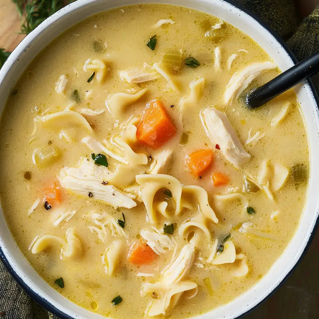 Un bol de soupe poulet nouilles avec poulet émietté, nouilles, carottes et herbes dans un bouillon clair.