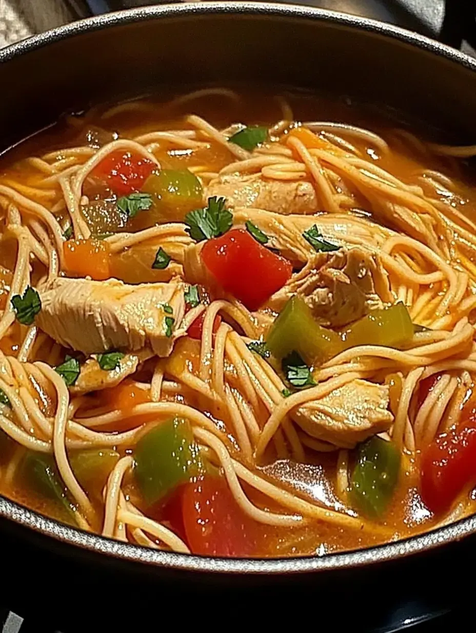 Un bol de soupe au poulet et pâtes, spaghetti, poivrons colorés et coriandre fraîche.