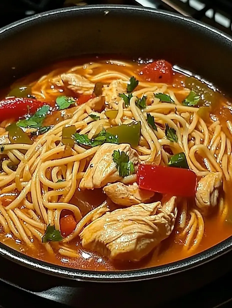 Un faitout rempli de soupe de nouilles, poulet et légumes surmonté de coriandre fraîche.
