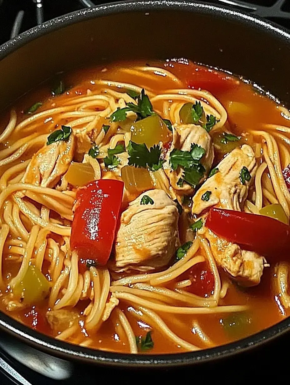Gros plan sur une marmite pleine de soupe nouilles au poulet, des lamelles de spaghetti, poulet effiloché, morceaux de poivron et de céleri, et coriandre sur le dessus.