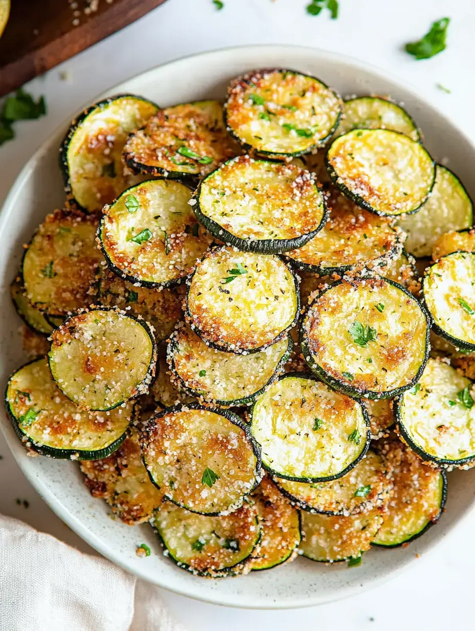 Une assiette de rondelles de courgettes bien dorées et croquantes avec un peu d’herbes.