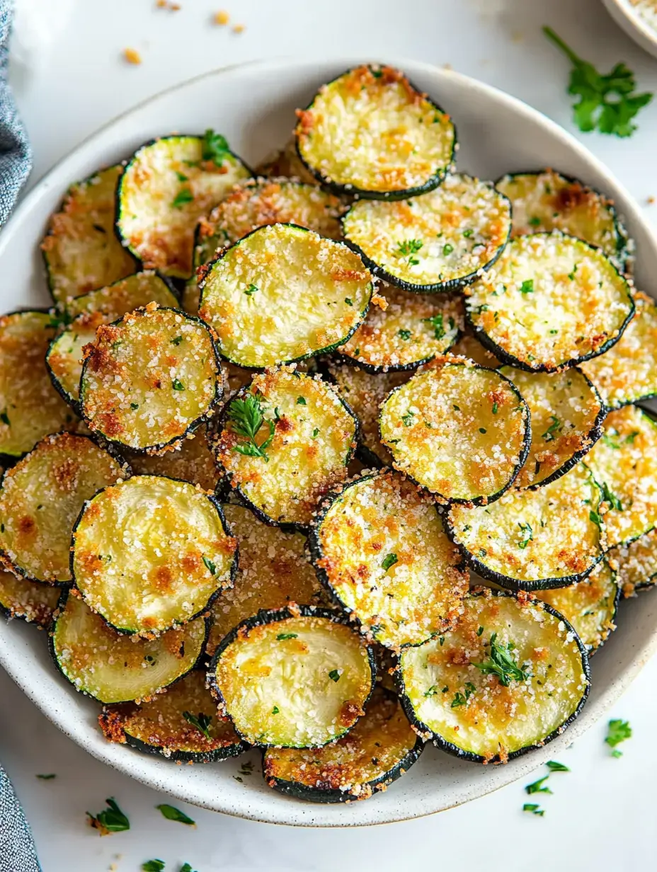 Un gros plan sur un bol rempli de rondelles de courgettes dorées et croquantes avec du persil.