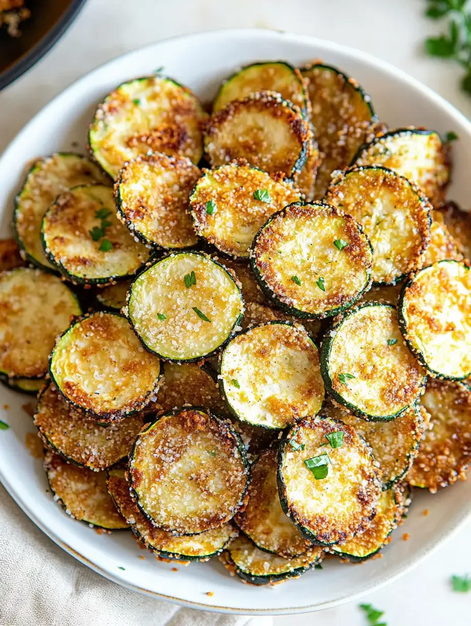 Zoom sur une assiette remplie de rondelles de courgettes dorées et croquantes décorées de persil.