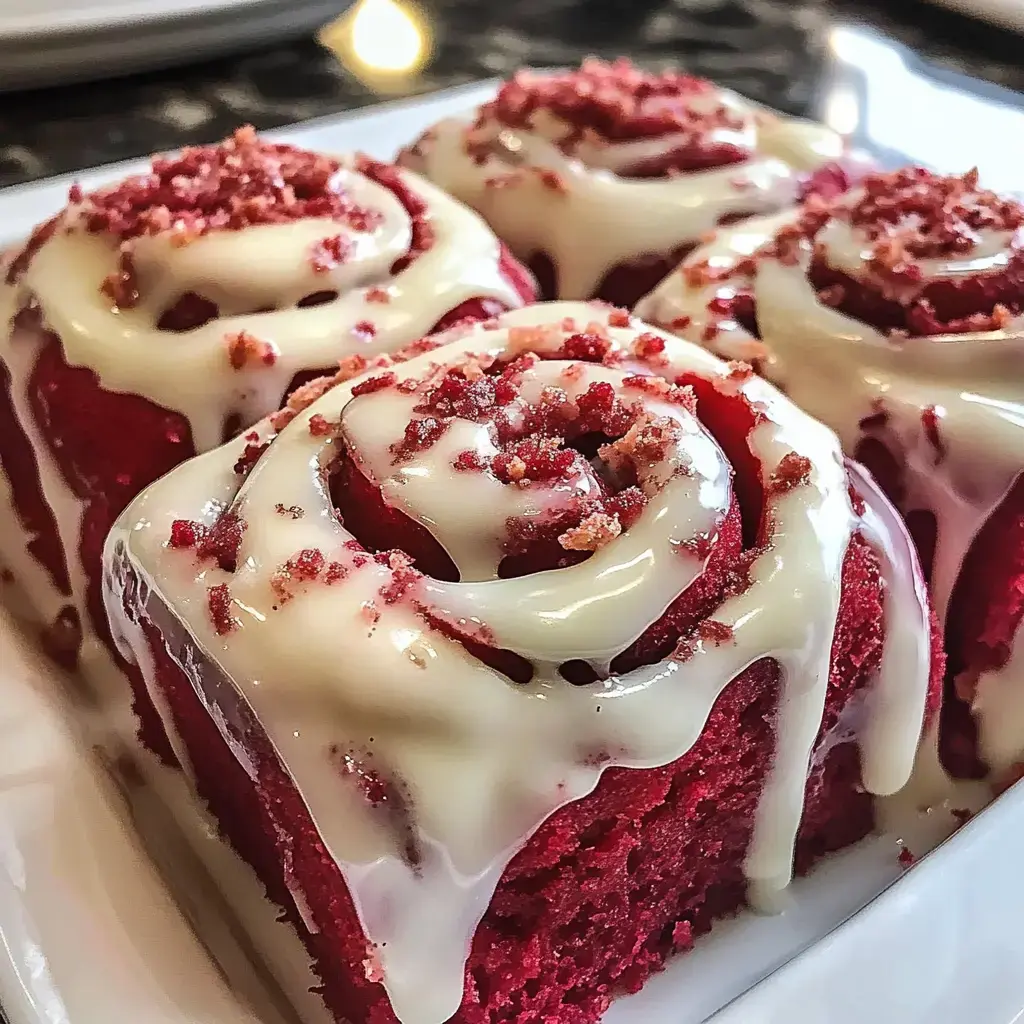 Une assiette de roulés velours rouge nappés de glaçage au fromage frais et de miettes de gâteau rouge.