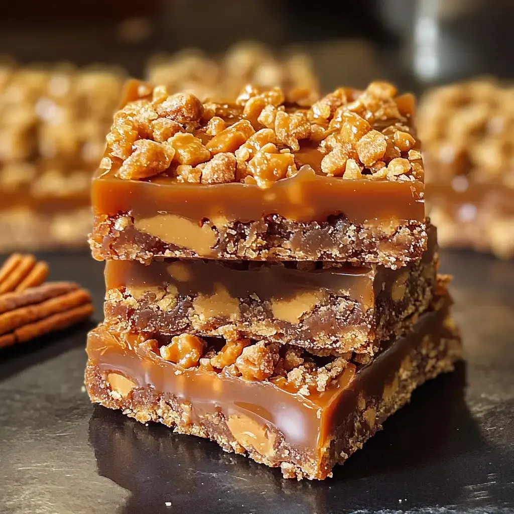 Trois barres caramel et chocolat croustillantes empilées, décorées de morceaux de bretzels, avec d'autres barres floues en arrière-plan.