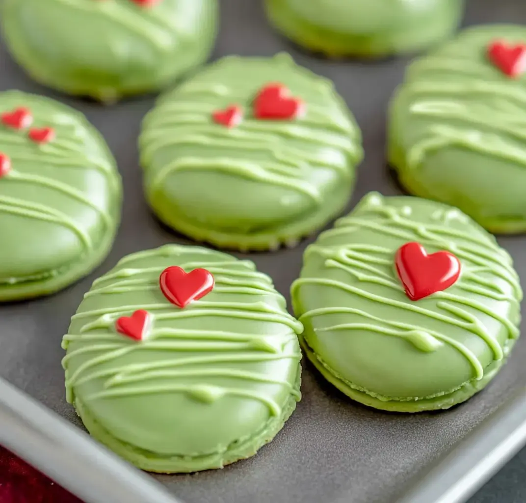 Un plateau de biscuits verts décorés avec des cœurs rouges et un nappage de chocolat vert.