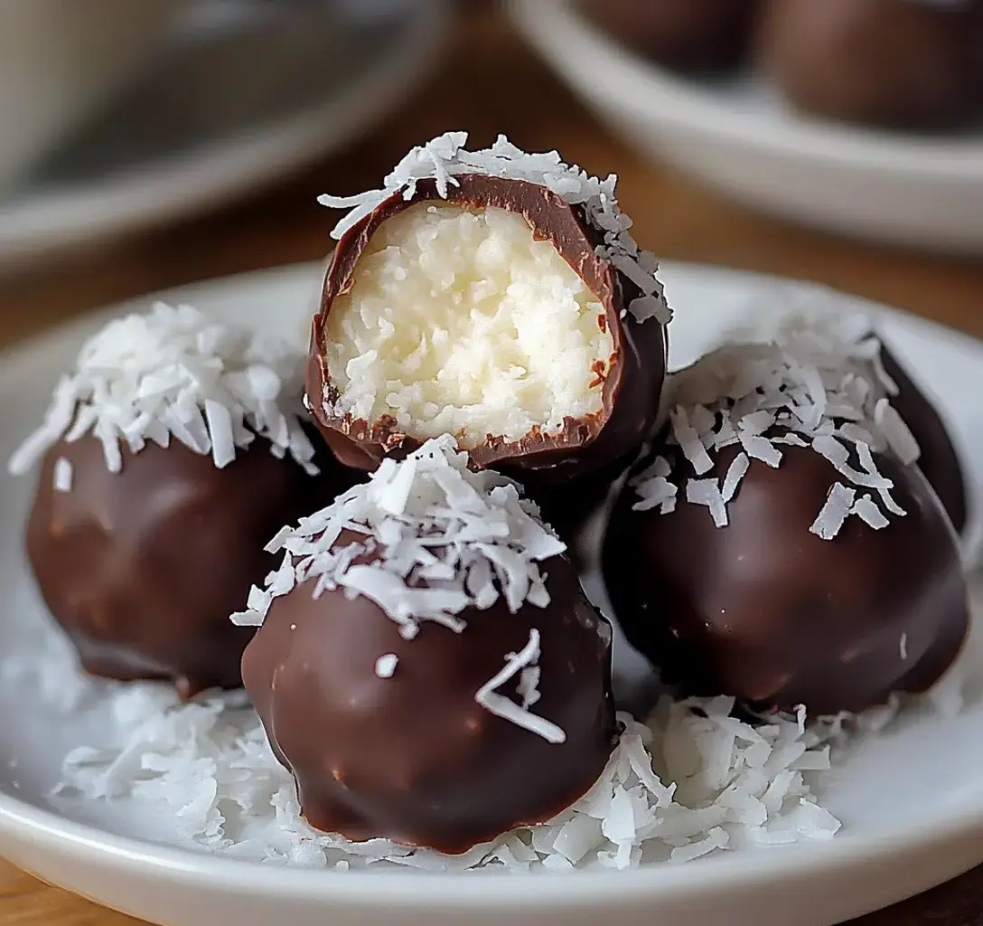 Une assiette de boules de coco enrobées de chocolat, dont une est coupée en deux révélant une garniture fondante, parsemée de coco râpé.