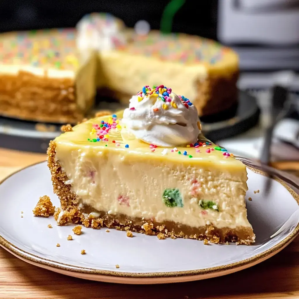 Une tranche de cheesecake funfetti colorée, avec de la crème fouettée et des décorations arc-en-ciel, sur une assiette, avec le cheesecake entier en arrière-plan.
