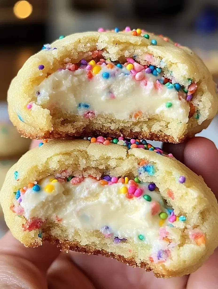 Une main tient un cookie cassé en deux, révélant un cœur crémeux et des pépites colorées à l'intérieur.