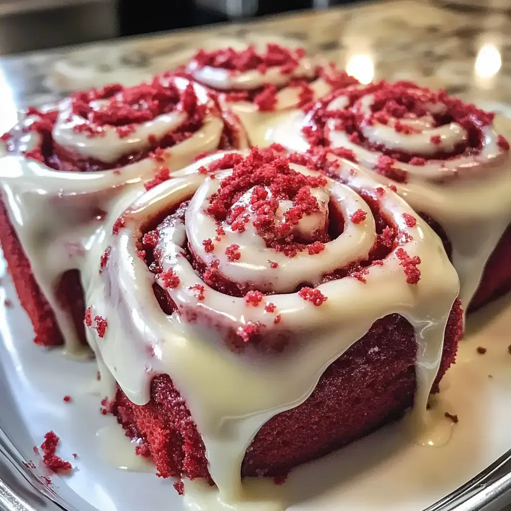 Un gros plan de rouleaux à la cannelle rouge velours garnis de glaçage blanc et de miettes rouges, présentés sur une assiette.