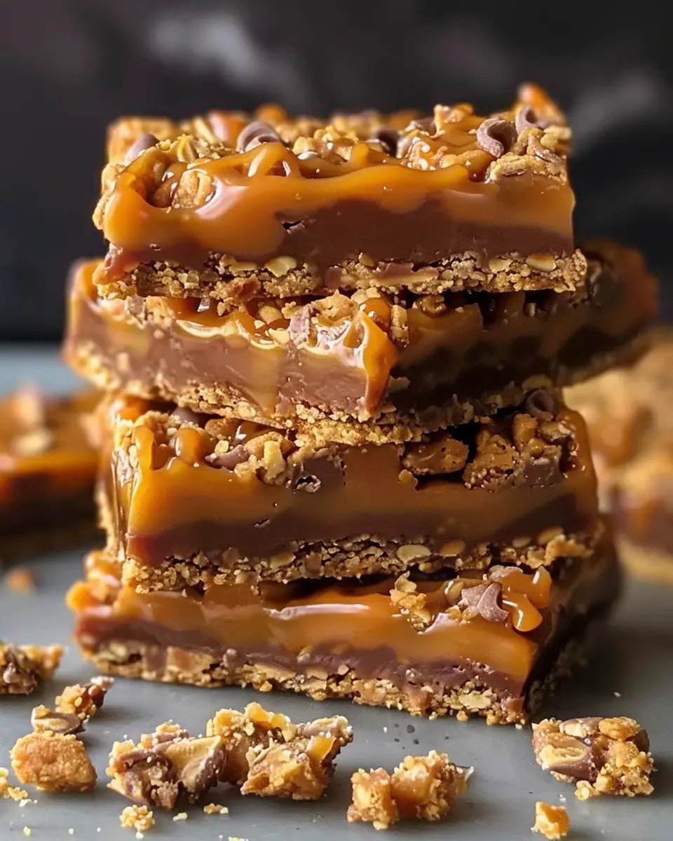 Une pile de barres dessert superposées avec caramel et chocolat, garnies de noix concassées, sur un fond sombre.