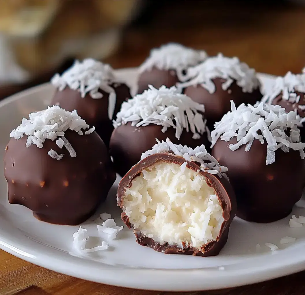Une truffe au chocolat blanche fourrée à la noix de coco, garnie de noix de coco râpée, présentée avec plusieurs autres truffes similaires sur une assiette.