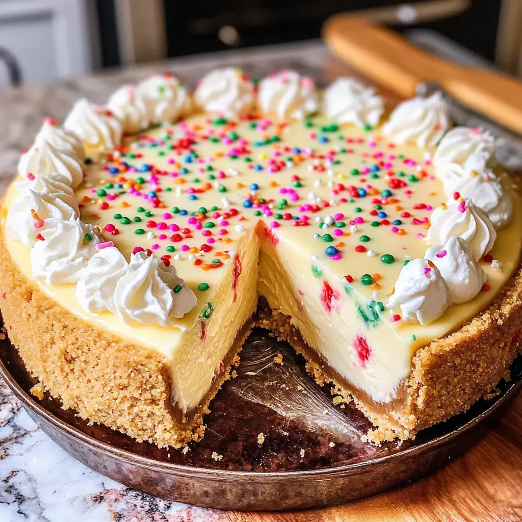 Un cheesecake crémeux et coloré avec une base de biscuits, garni de crème fouettée et de décorations colorées, avec une part découpée.