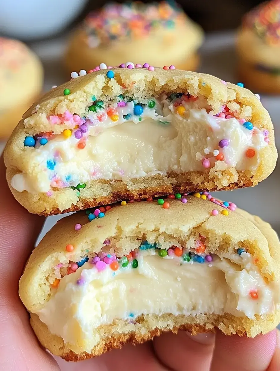 Une main tient deux moitiés d'un biscuit révélant une garniture crémeuse et des vermicelles colorés à l'intérieur.