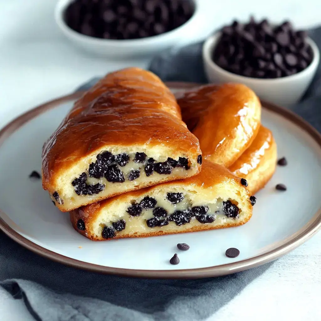 Gros plan de brioches nappées et garnies de pépites de chocolat, accompagnées de pépites en arrière-plan.