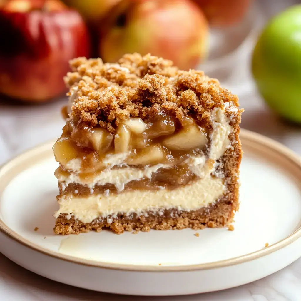 Une part de cheesecake pomme crumble avec un streusel croustillant, servie sur une assiette avec des pommes entières en arrière-plan.