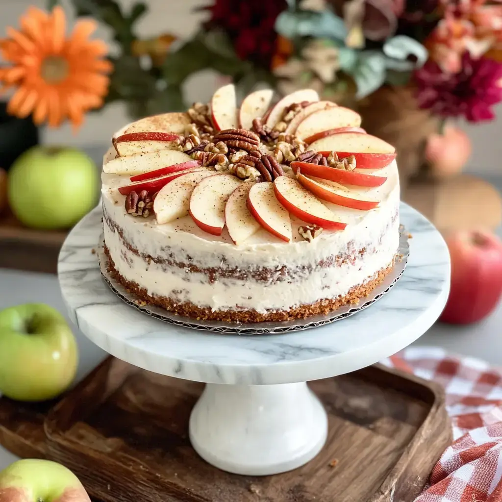 Un gâteau magnifiquement décoré avec des tranches de pommes et des pacanes, posé sur un plat en marbre, entouré de pommes fraîches et de fleurs colorées.