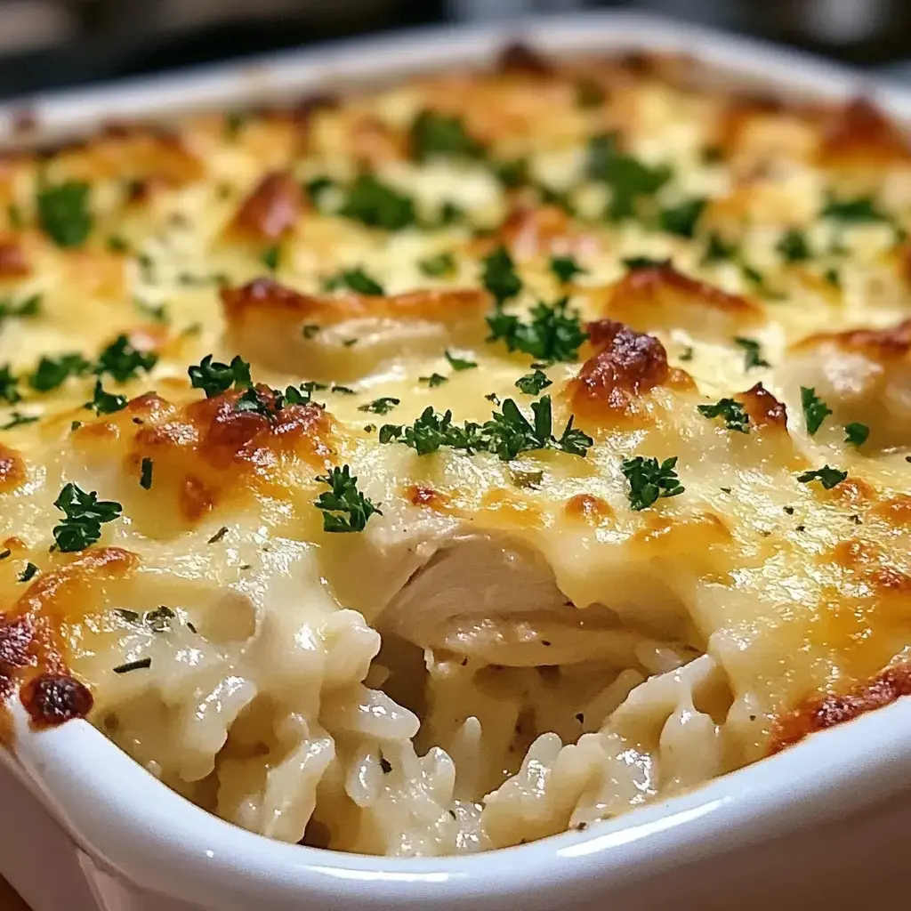 Un gratin crémeux de poulet et riz avec du fromage fondu, décoré de persil.
