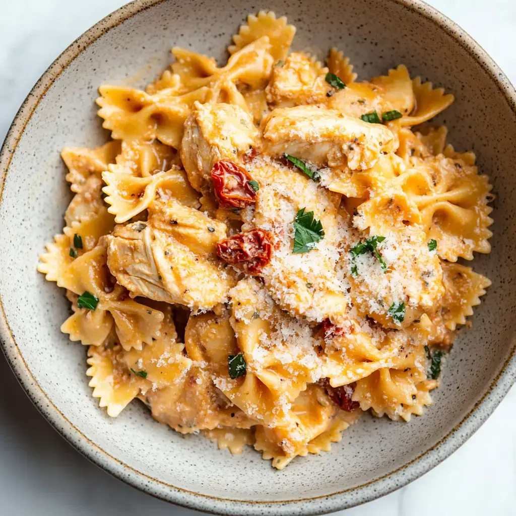 Un bol de pâtes avec morceaux de poulet, tomates séchées, persil frais et fromage râpé dans une sauce crémeuse.