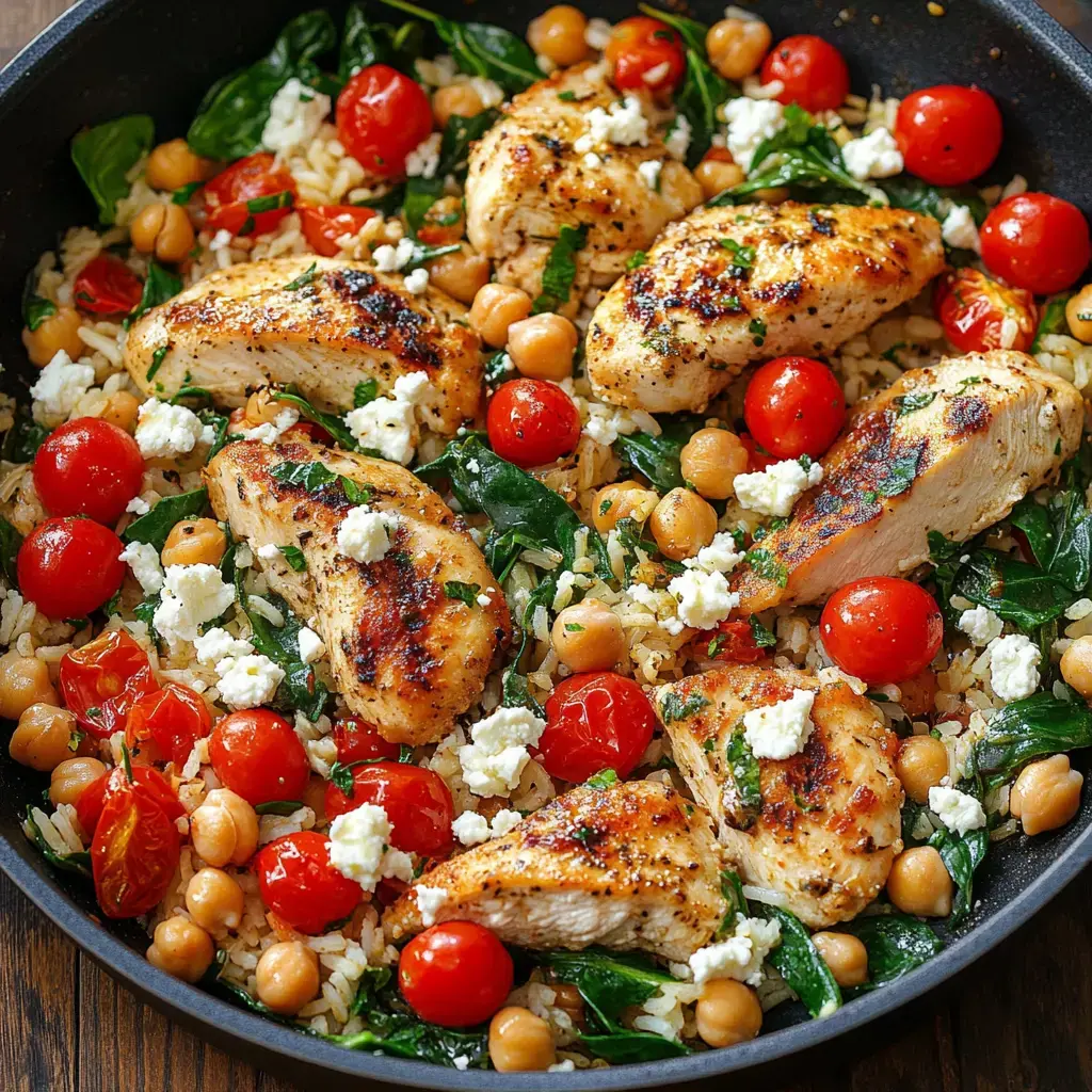 Poêle garnie de filets de poulet grillés, tomates cerises, pois chiches, épinards et feta émiettée sur du riz.