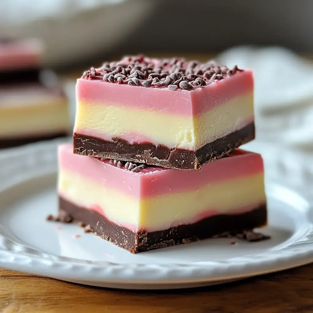 Deux carrés de dessert en couches - rose, jaune et chocolat noir - empilés et parsemés de vermicelles au chocolat.