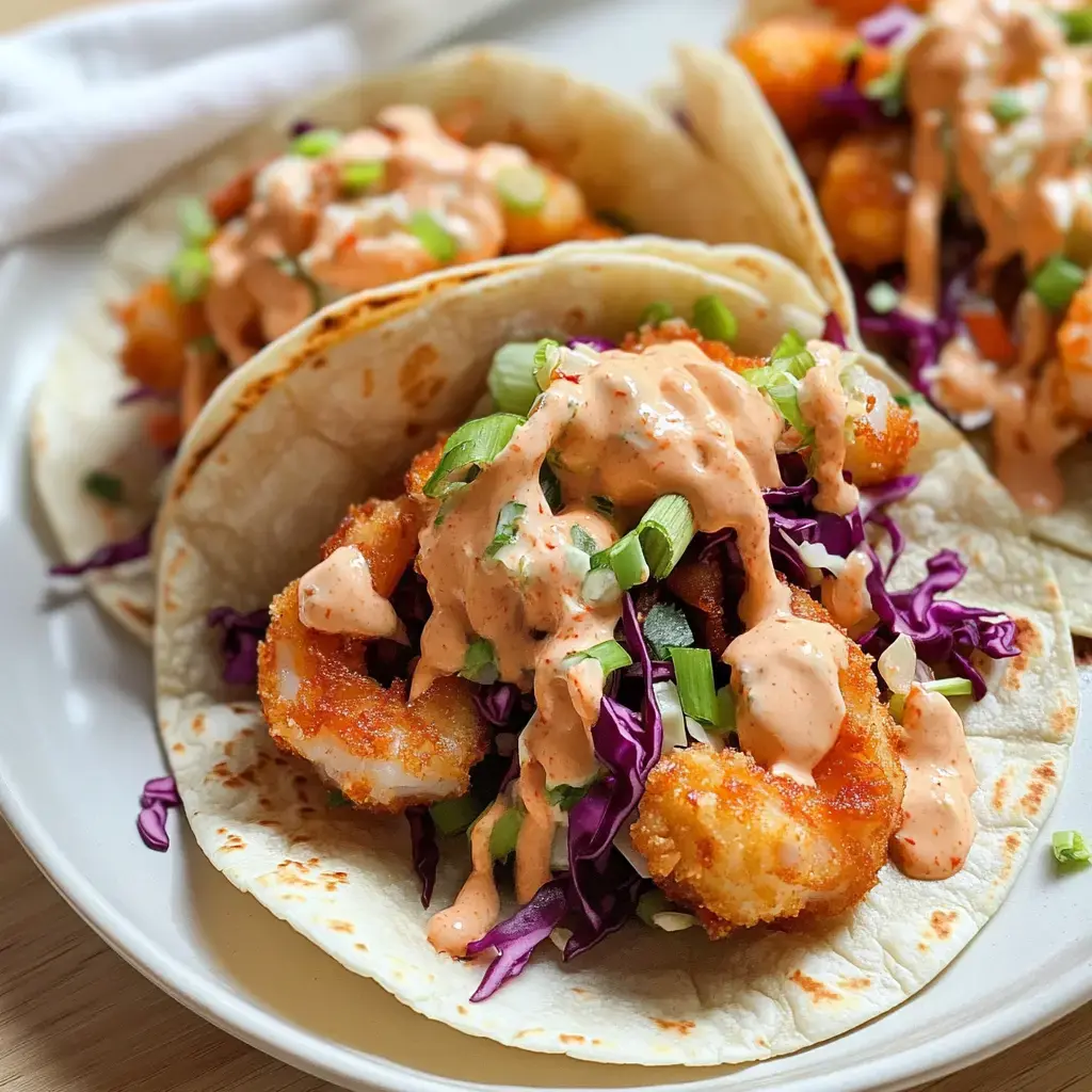 Trois tacos aux crevettes croustillantes, garnis de chou rouge et d'une sauce crémeuse, servis dans une assiette.