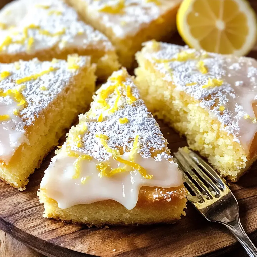 Un gâteau au citron tranché, nappé de glaçage, saupoudré de sucre glace et de zeste de citron, présenté sur un plat en bois avec un quartier de citron à côté.