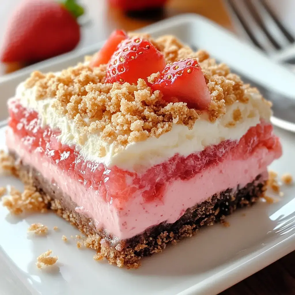 A dessert with a chewy base, pink strawberry center, and creamy frosting topped with crumbs and fresh strawberries.
