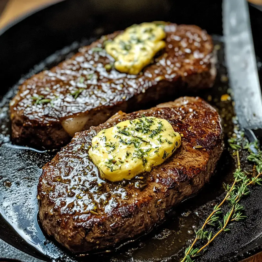 Deux steaks parfaitement cuits, garnis de beurre aux herbes, posés sur une poêle en fonte, ornés de thym frais.