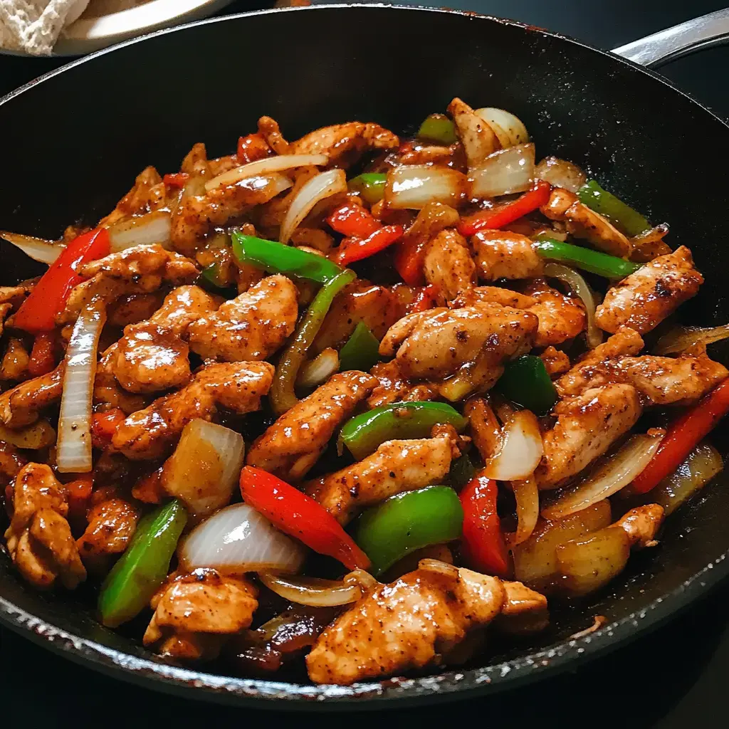Une poêle remplie de morceaux de poulet sautés avec des poivrons colorés et des oignons dans une sauce brillante.