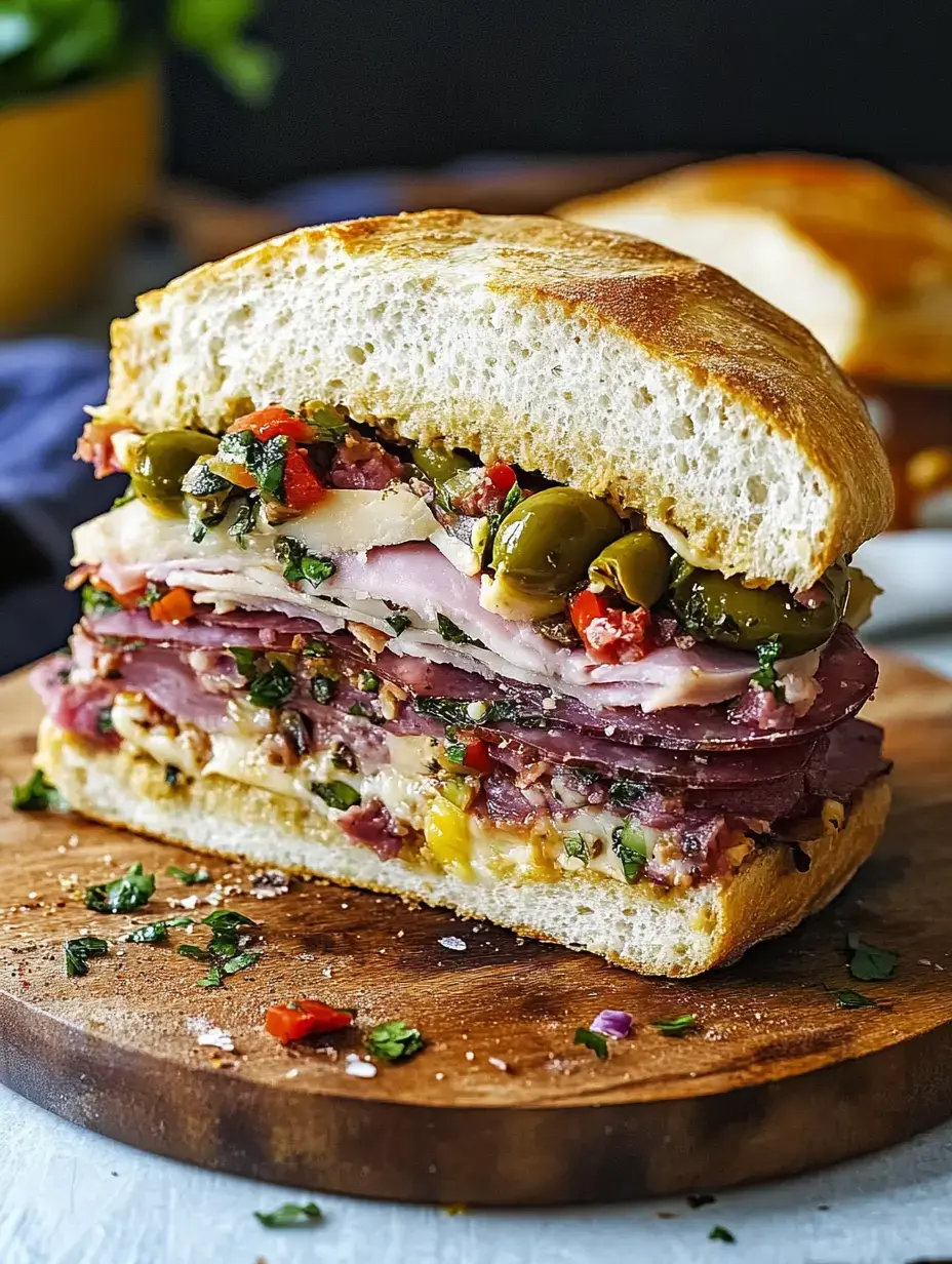 Gros plan d'un sandwich garni de diverses charcuteries, fromage et légumes, servi sur une planche à découper en bois.
