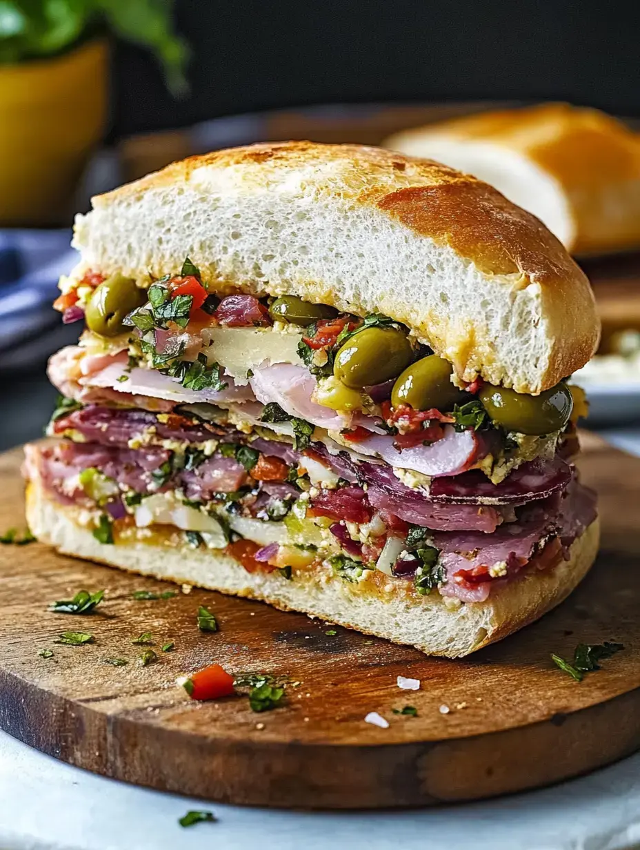 Une coupe transversale d'un grand sandwich composé de couches de charcuteries, fromage, olives et herbes, servi sur une planche en bois.
