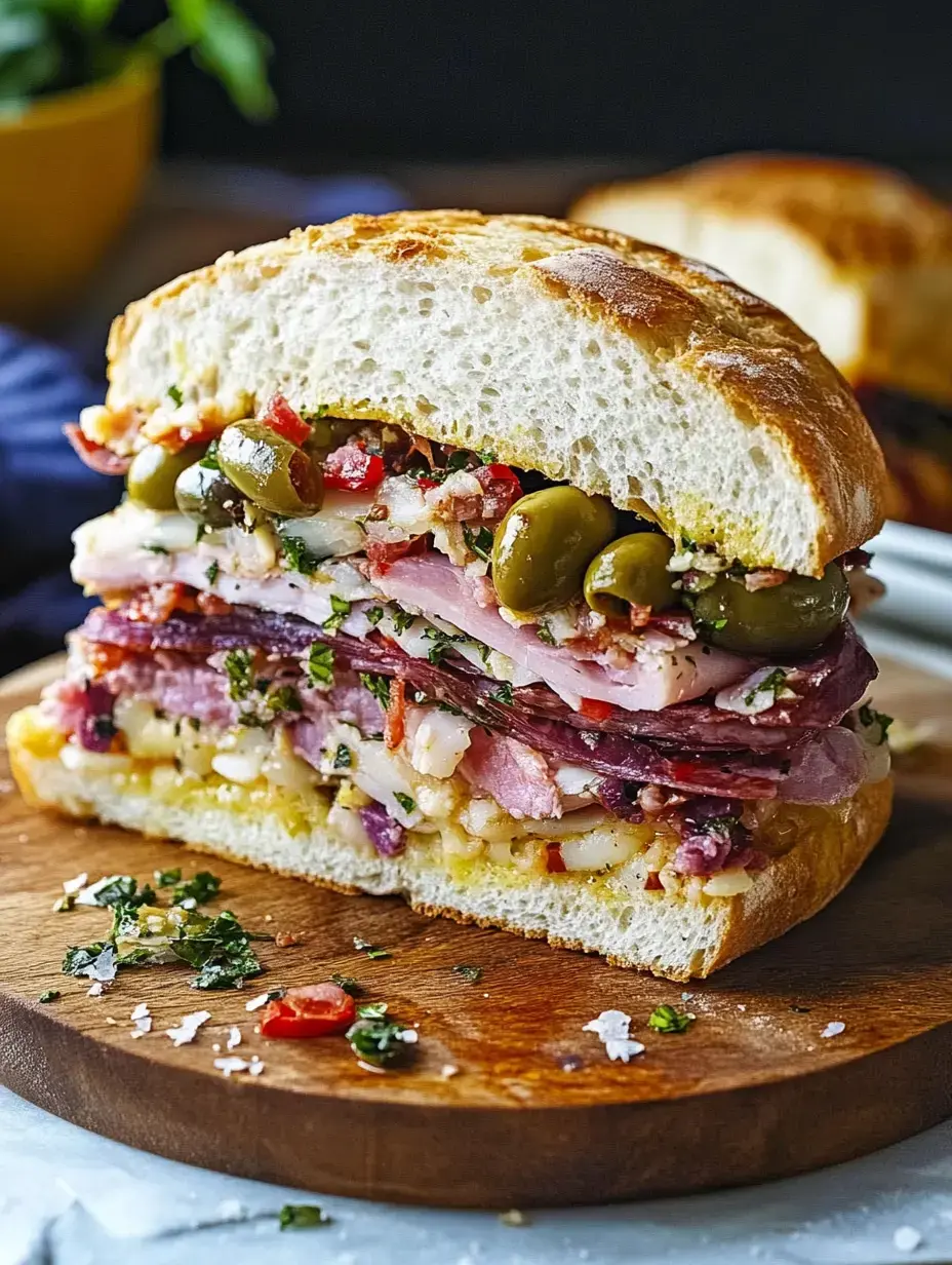 Gros plan d'un sandwich multicouche garni de diverses charcuteries, olives et herbes, présenté sur une planche en bois.