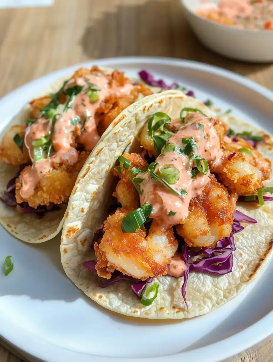 Deux tacos garnis de crevettes croustillantes, de chou rouge, et nappés d'une sauce crémeuse avec des oignons verts hachés, servis sur une assiette blanche.