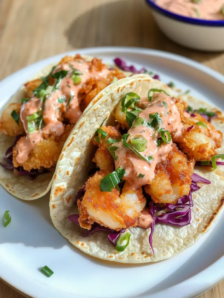 Deux tacos de crevettes croustillantes sont nappés d'une sauce crémeuse et garnis d'oignons verts, reposant sur un lit de chou violet.
