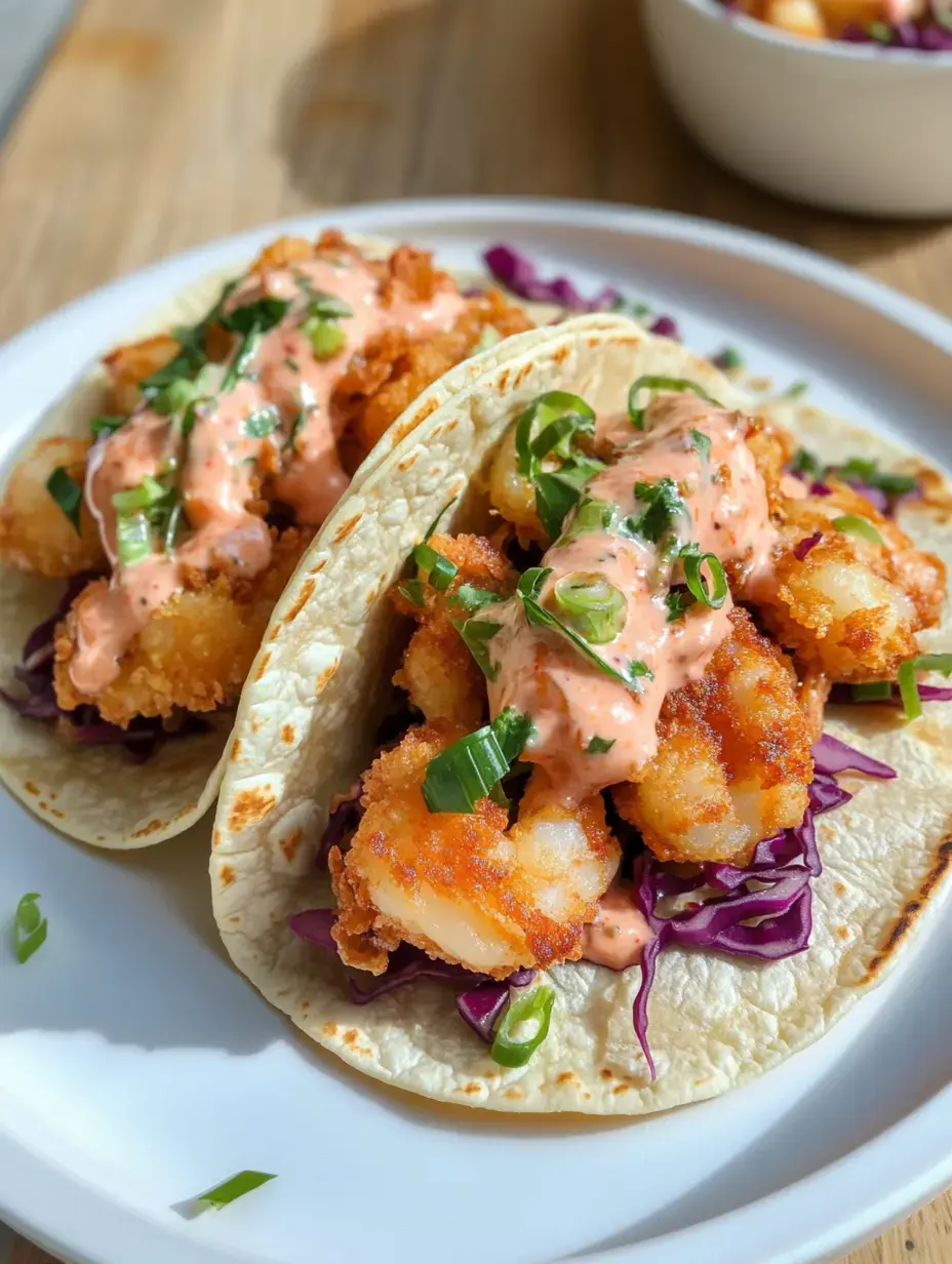 Deux tacos farcis de crevettes croustillantes, garnis d'une sauce épicée et d'oignons verts, servis sur un lit de chou violet.