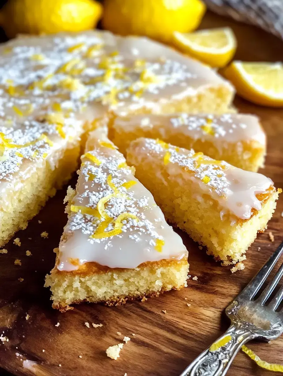 Une part de gâteau au citron glacé, garnie de sucre glace et de zeste de citron, est positionnée sur une planche en bois avec des citrons entiers et des quartiers de citron en arrière-plan.