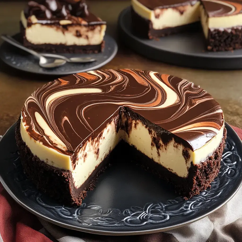 Un cheesecake marbré au chocolat avec une ganache brillante, entamé et posé sur une assiette noire décorative.