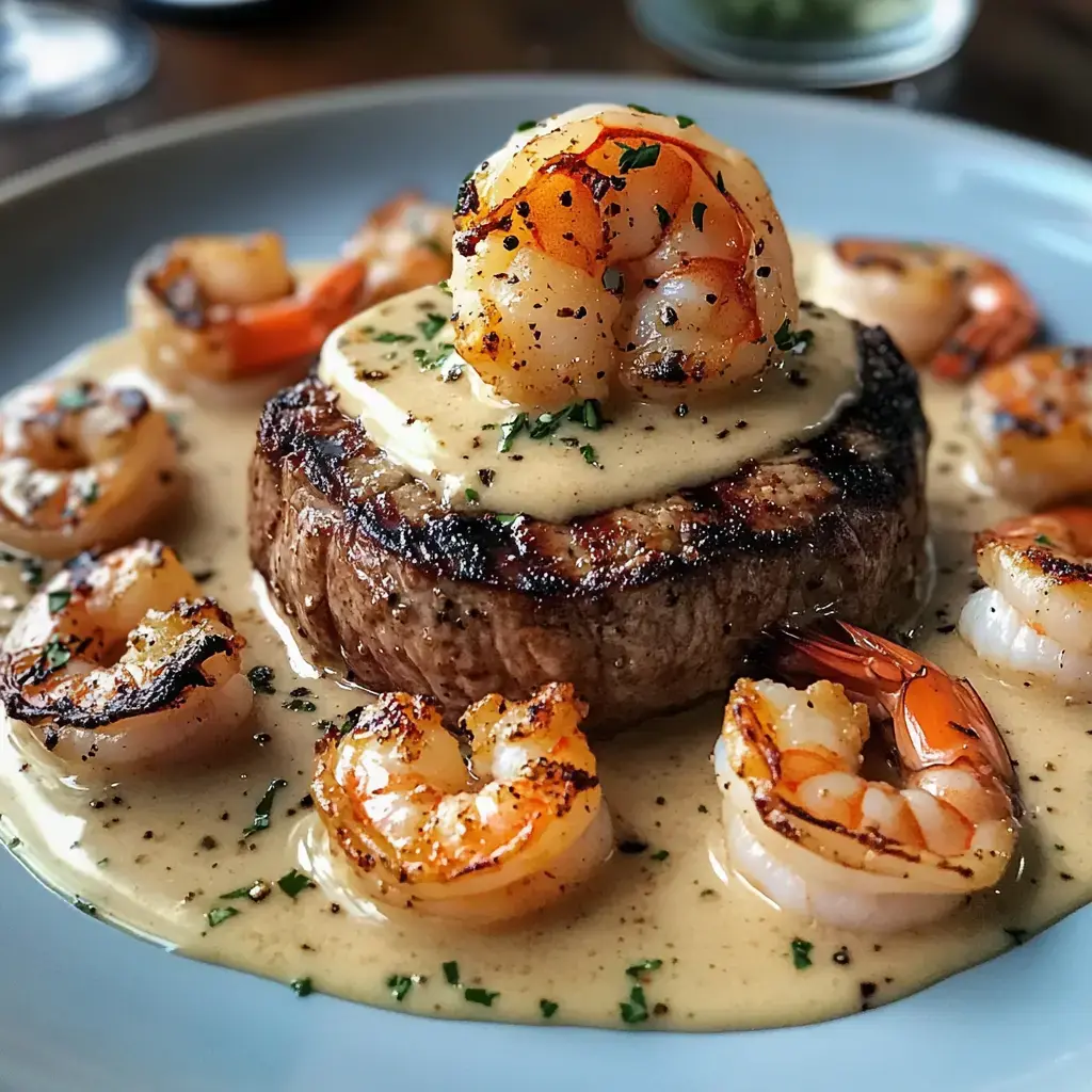 Un steak grillé nappé de sauce aux crevettes et à la crème, entouré de crevettes sautées dans une assiette.