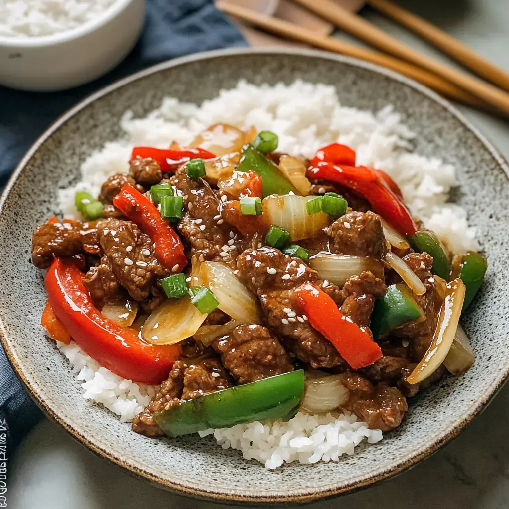 Un bol de riz blanc garni de sauté de bœuf, poivrons rouges et verts, oignons et graines de sésame.